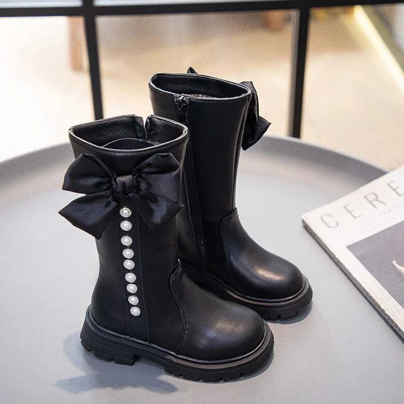 Boots Girls High Boots with Bow-knot Non-slip Fashion Children Pearls Elegant Princess Boots Side Zipper Kids Leather Long Boots H241018