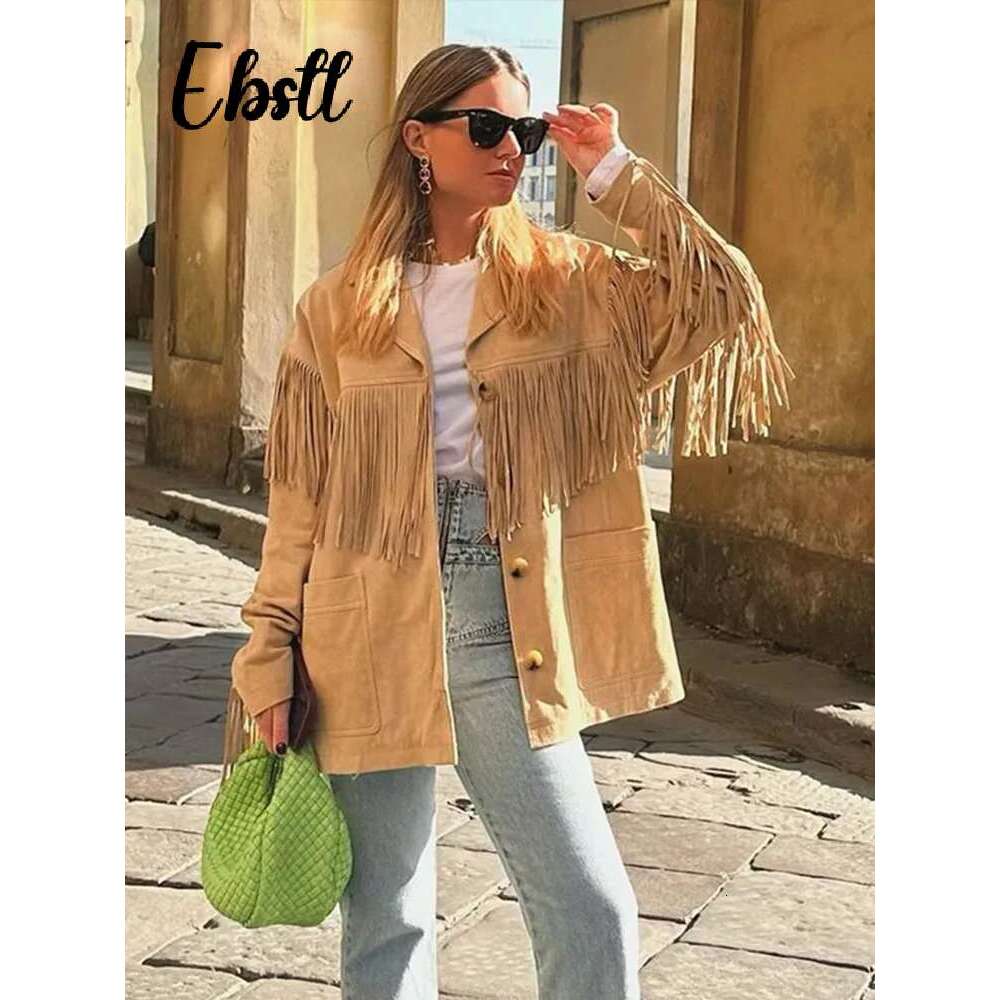 Vintage Faux Suede Tassel Jacket Women Elegant Long Sleeve Single-Breasted Lapel Coats 2024 Autumn New Lady Loose Urban Outwear