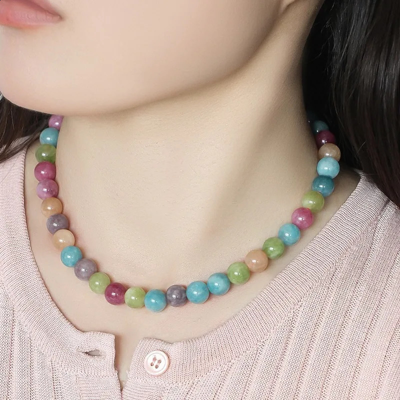 Bohemian dopamine colored natural stone round bead necklace very simple and elegant temperature womens necklace chain 241018