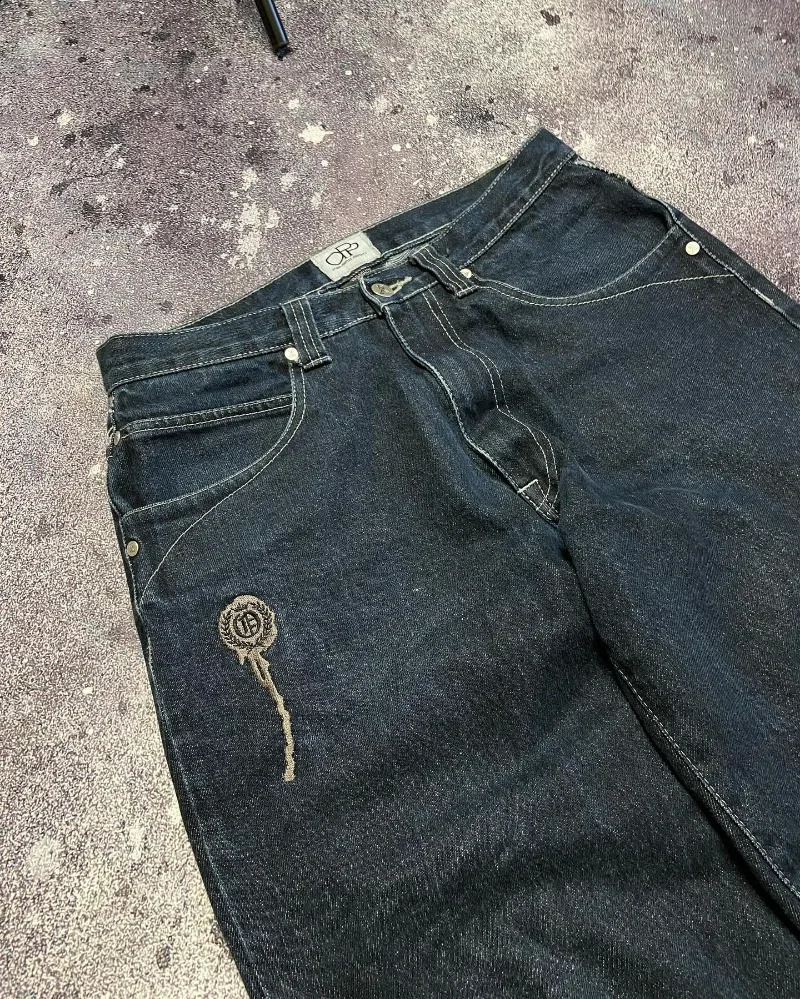 American Fashion Skeleton Embroidered Pocket Jeans for Men Y2K Street Harajuku Pop Gothic High Waist Casual Clown Wide Leg Trouthers 241007