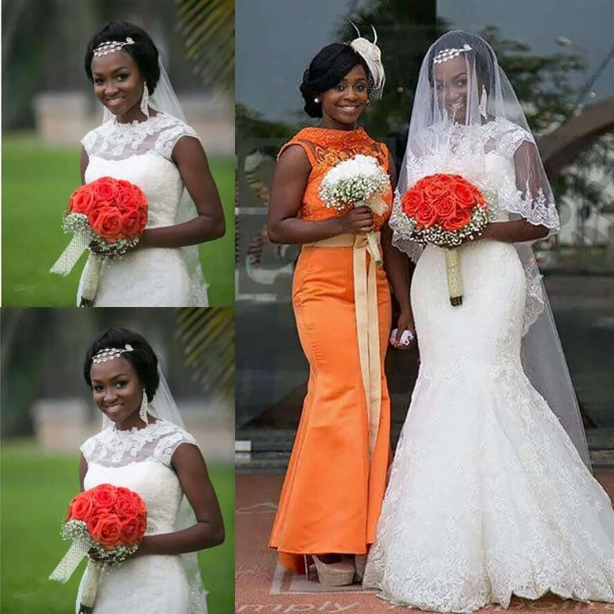 Mermaid Wedding African New Dresses Jewel Neck Full Lace Appliques Button Back Long Sheer Sweep Train Plus Size Formal Bridal Dress