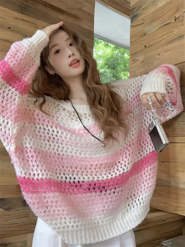 Pink Long Sleeve Tshirt Women Summer Thin Section Hollow Ice Silk Knit Sunscreen Coverall Korean Loose Tops Rainbow Stripes 241018