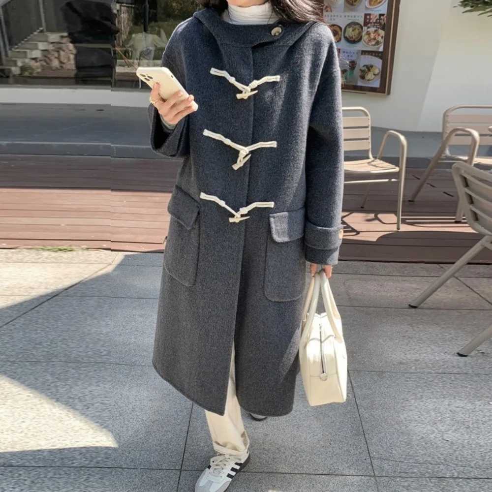 New Loose Horn Button Double-sided Woolen Coat Women Hooded Fashion Long Sleeve Real Woolen Coat Warm Outerwear Autumn WinterX241009