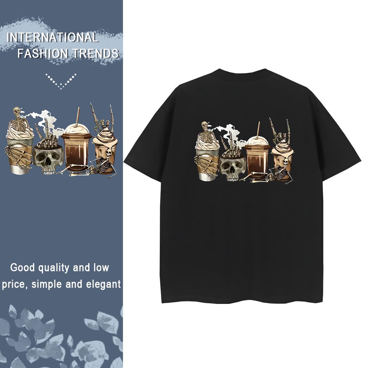 Custom T shirt 230g 100% Cotton Breathable Short Sleeve Casual Daily Wear skull Couples T Shirts Lady Black White Clothes