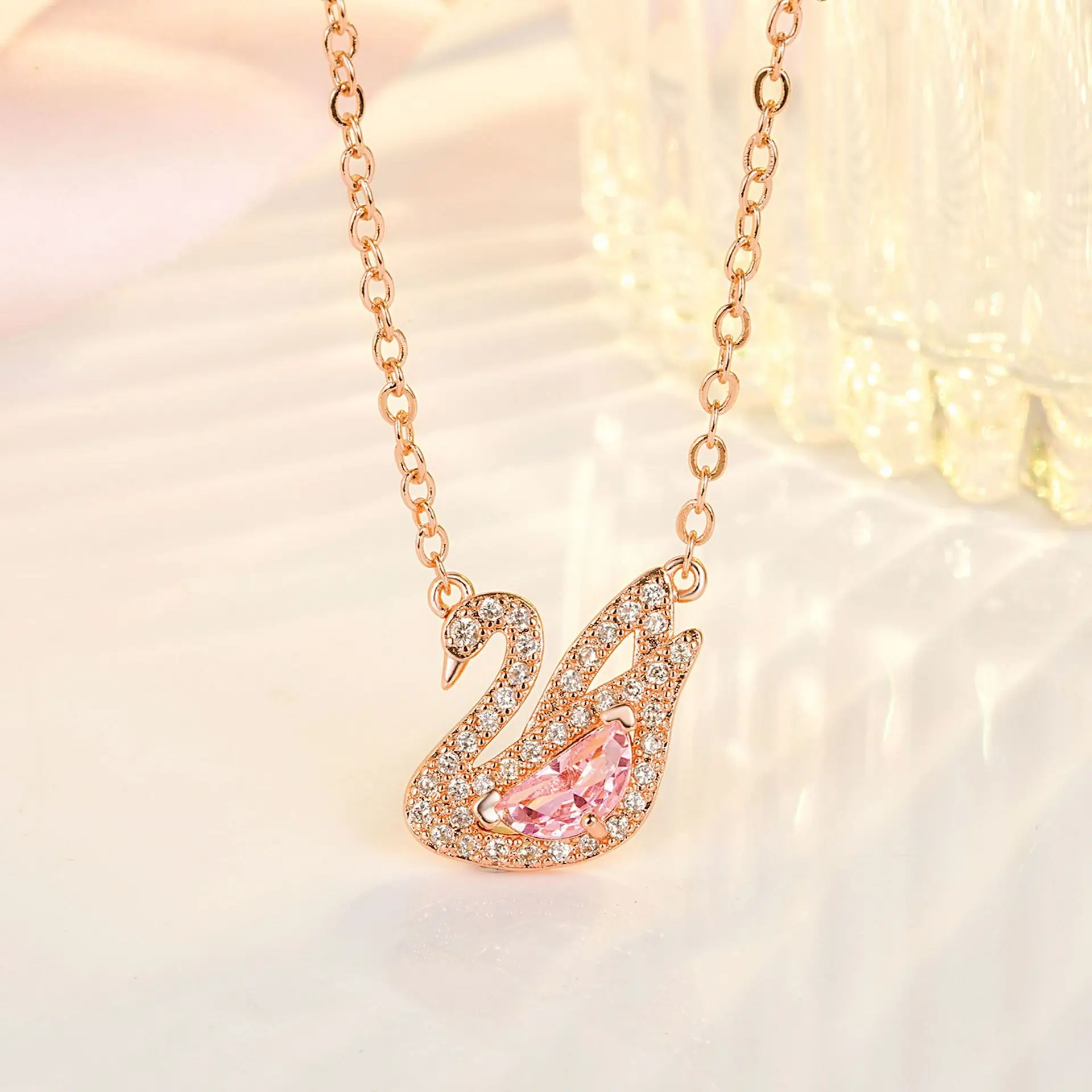 Elegant Pink Swan Necklace Pendant - Chic Accessory for Women & Girls