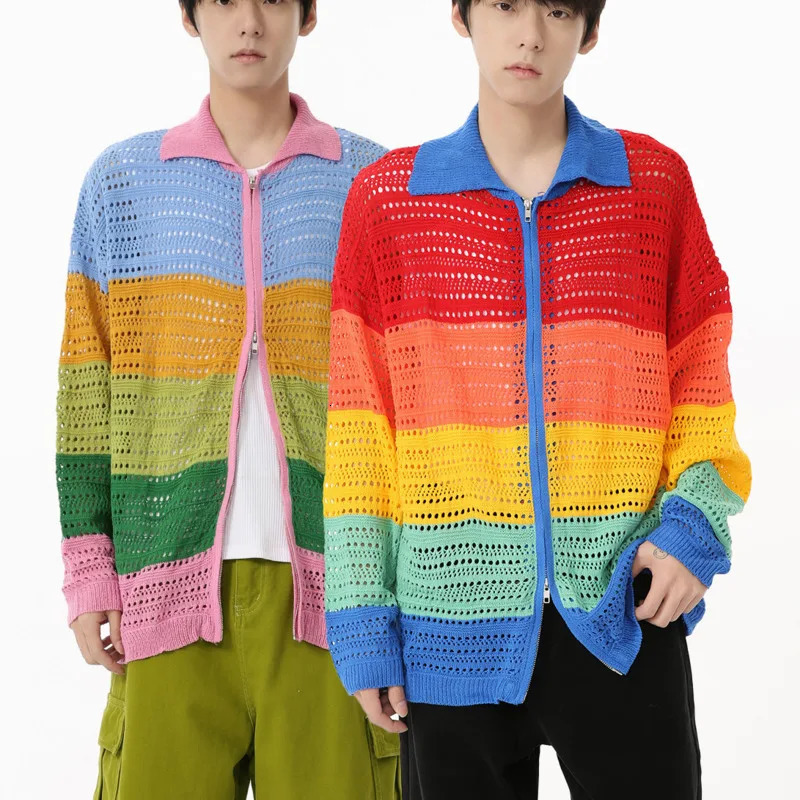 Autumn Product Korean Retro Color Contrast Hollow Rainbow Zipper Knitted Sweater Loose Long Sleeve Coat M4BF1591 241018