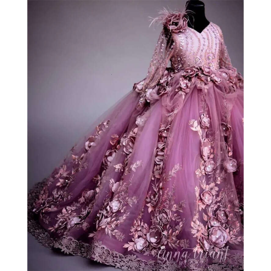 Plum Ral 2019 3D Applique Ball Gown Girl Dresses Sheer Long Sleeve Appliques Or Length Kids Toddler Pageant Gowns Bc1952 s s