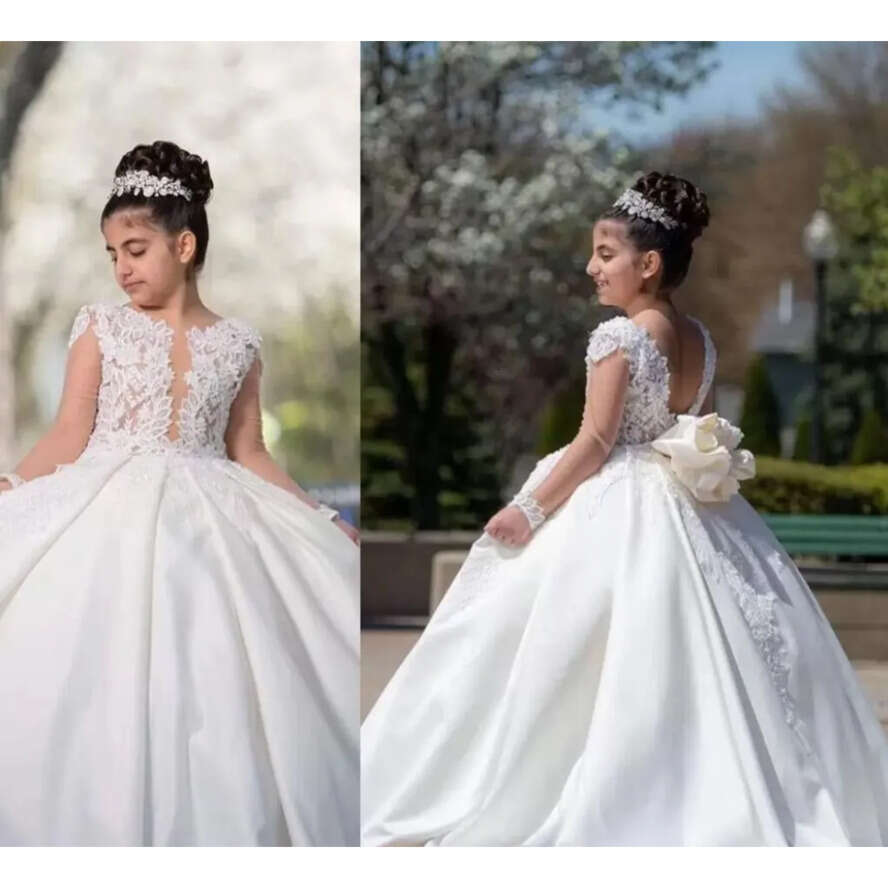 Wer Girls Lovely 2022 Dresses For Weddings Princess Jewel Neck Long Sleeves Lace Appliques Beads Big Bow Little Kids Holy Pageant Dress Pro232