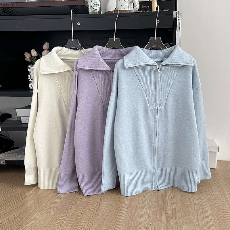 Hirsionsan Loose Thick Women Suits 2 Pieces Female Sets Zip Cardigan Sweater & Wide Leg Pants Soft Knitted Track Suit 2023