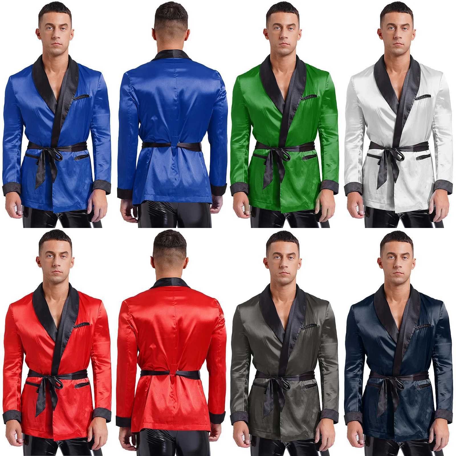 Mens Satiny Smoking Jacket Robe Nightwear Sleepwear V-Neck Short Coats House Kimono Bathrobe with Belt Gym Wear Spa Bathing SuitXJ241018