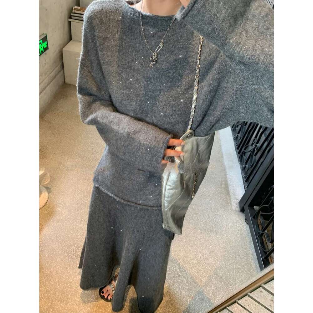 Hirsionsan Sexy Soft Elegant Vintage Women Suits 2 Pieces Female Sets Slash Neck Sweater & Midi Dress Bg Knitted Tracuit