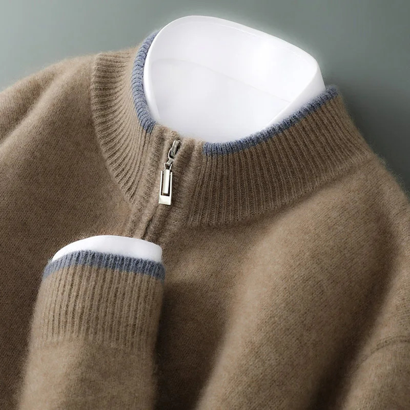 Autumn And Winter Mens Cashmere Sweater SemiHigh Collar Zipper Cardigan Sports Casual Color Matching Knitted Wool Coat 241018