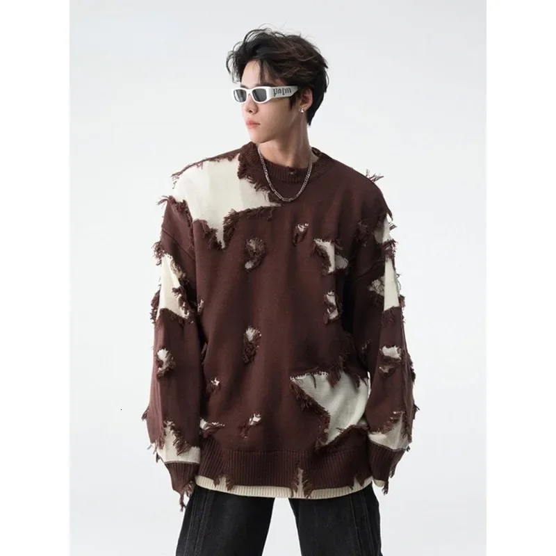 Star Hollow Tassel Fashion Hip Hop n Sweaters for Men Inset American High Street Loose Casual Pullover Couple Knit 241018