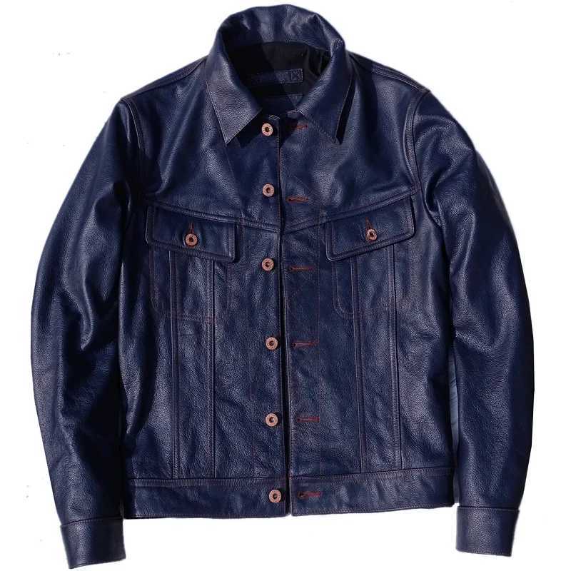 YR Free Delivery. Cuero Super Slim Blue Leather Jacket. Mens Classic Casual Short Young Cowhide Coat. Sales. Fashion Y241018