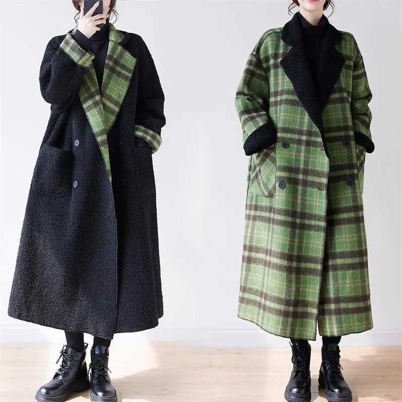 Oversized Womens Reversible Jacket Winter Plush Thickened Plaid Woolen Coat Vintage Long Loose Green Overcoat Windbreaker Z3460X241009