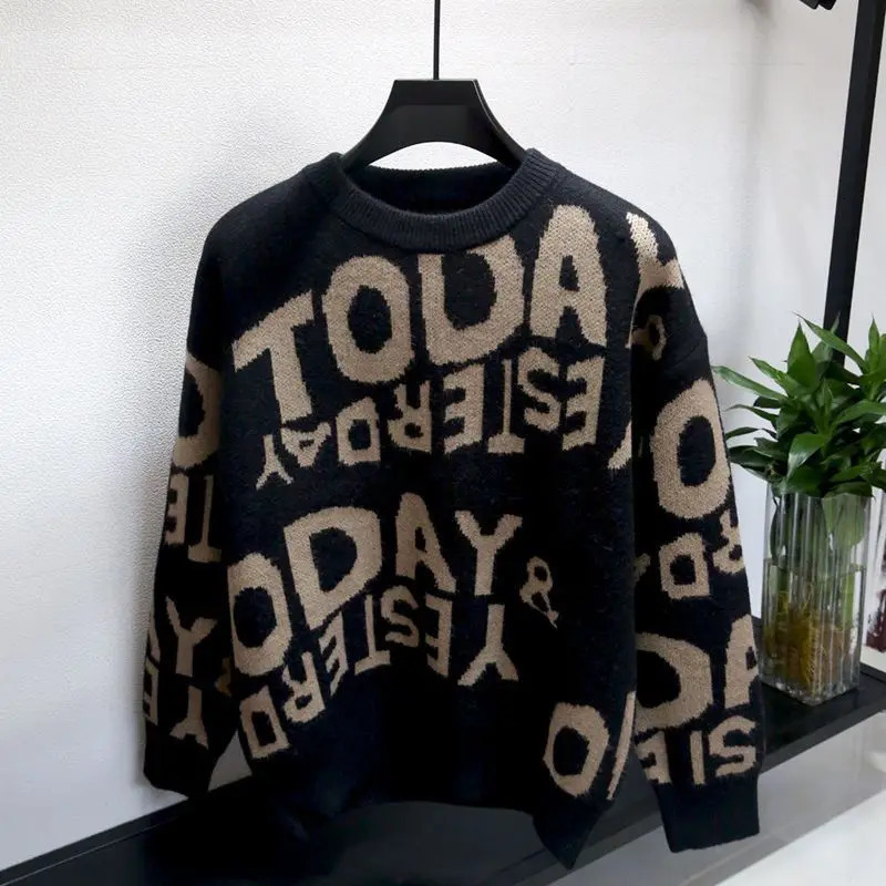 Fashion ONeck Long Sleeve Casual Letter Sweaters Mens Clothing Autumn Winter Loose Korean Pullovers Punk Tops 241018