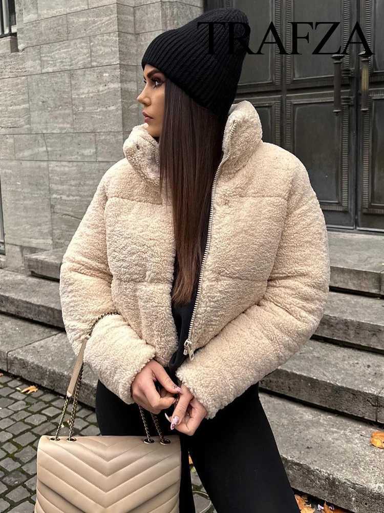 TRAFZA Female Winter New Fashion Jackets Solid Color Turtleneck Long Sleeve Pockets Hide Zipper Womans Casual Chic Thick CoatsX241018