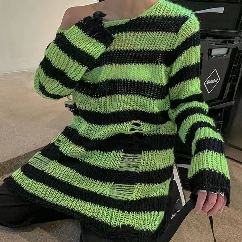 Goth Punk Gothic Sweater Oversized Pullover Striped Cool Hollow Out Hole Broken Jumper Harajuku Aesthetics 241009
