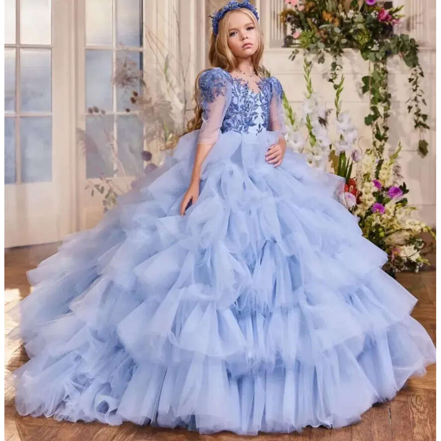 Girls Tiere Dresses Wer Baby Blue Ruffles Ball Bead Kids Formal Gown Half Sleeve Princess Child Special Ocn Dress Custom Made
