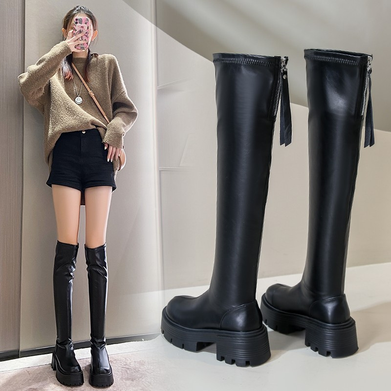 Martin boots women's 2024 autumn and winter new Korean version round toe thick sole thick heel fashionable internet famous knee high boots