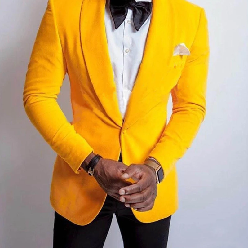 Yellow Velvet Suits for Mens Prom Slim Fit Terno Wedding Groom Tuxedo 2 Piece Blazer with Black Pants Male Fashion Costume