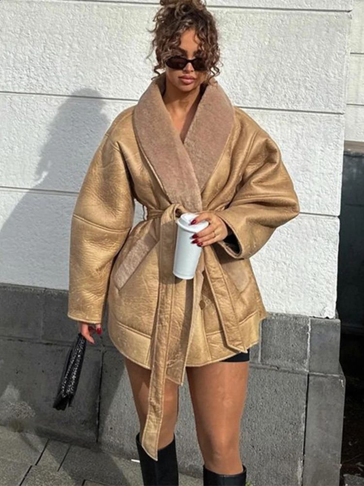 Thick Leather Jacket Women Winter Fashion Plush Single Breasted Turn-down Collar Belts Elegant Coat Female Long Sleeve Overcoat 241017
