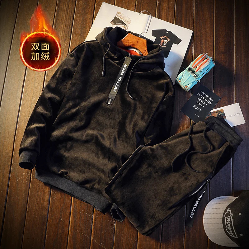 Winter Warm Mens Velvet Suit Gold Set Two Piece Tracksuit 241017