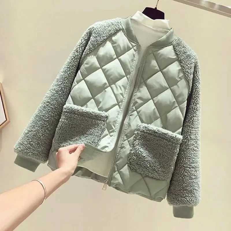 Women Jacket 2023 New Lamb Wool Stitching Large Size Cotton Coat Spring Autumn Outwear Loose Overcoat Female Tops X241018