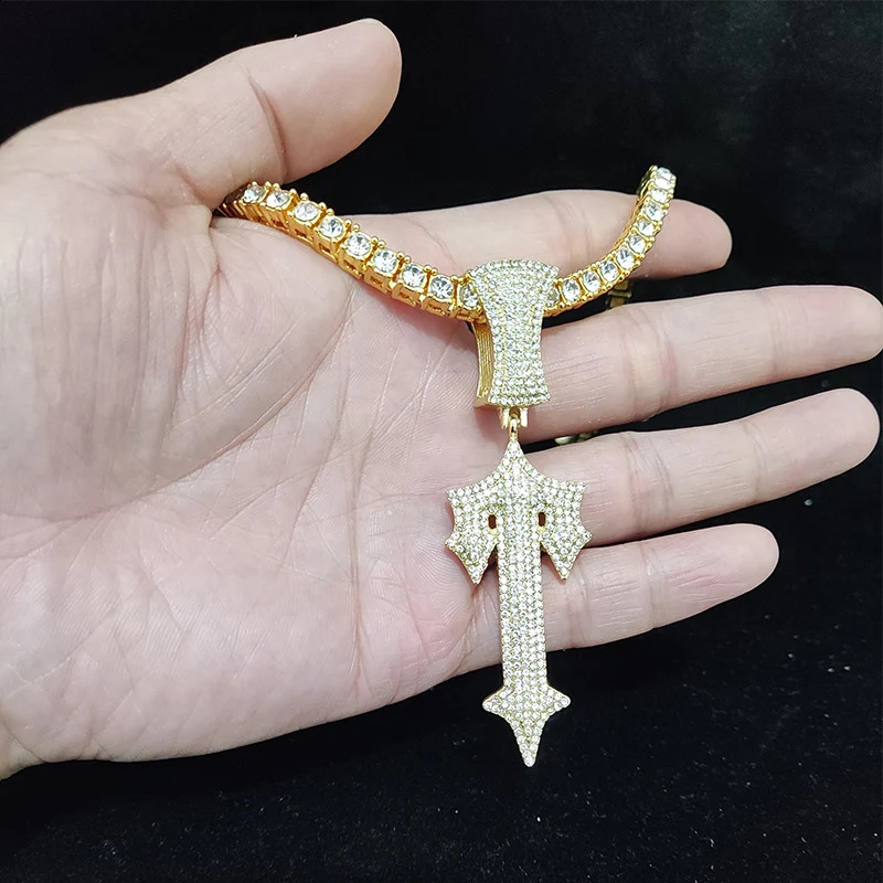 Mens Hip Hop Letter Iced Cross Sword Necklace 4mm Zircon Tennis Chain Hip Hop Pendant Necklace Charm Jewelry 241018
