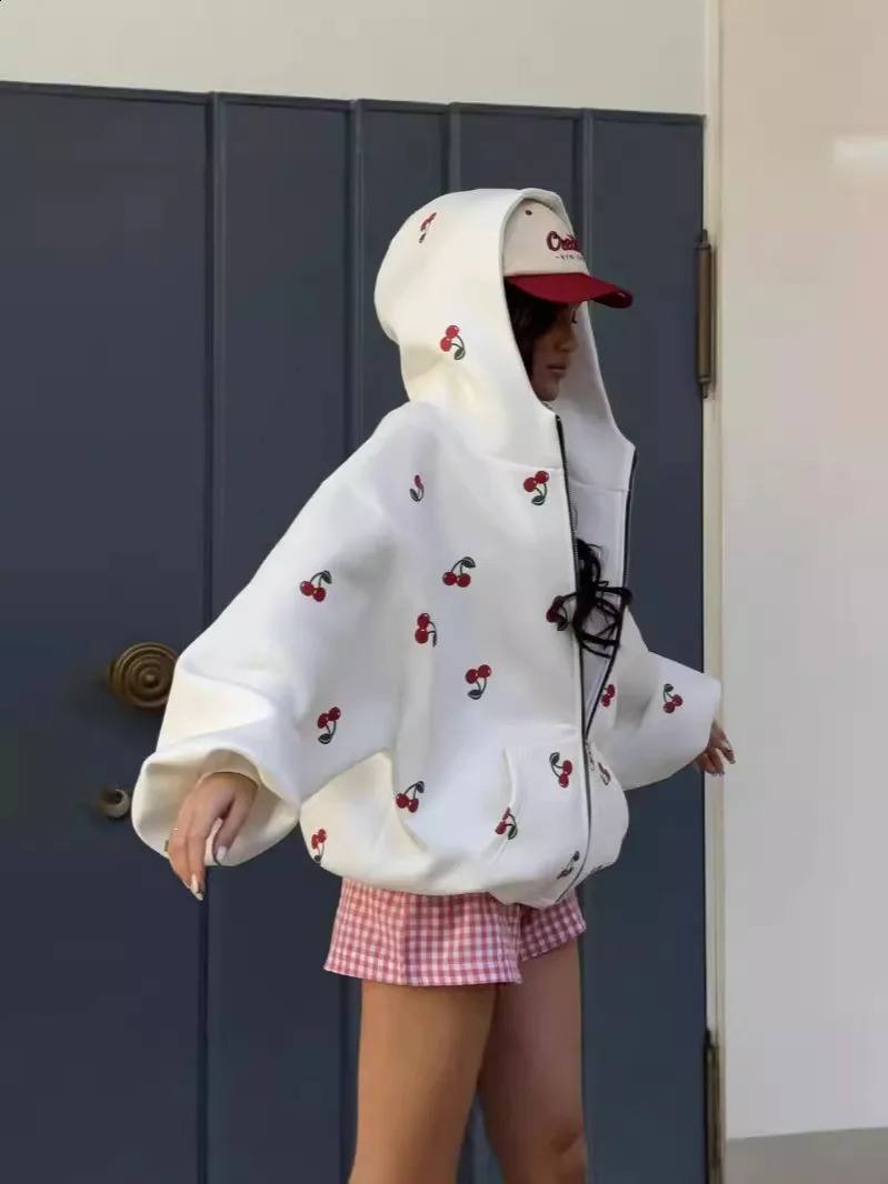 Autumn Women Sweatshirt White Cherry Print Hooded Cardigan Loose Hoodies With Pocket Zipper Outerwear Females Jacket Tops 241017
