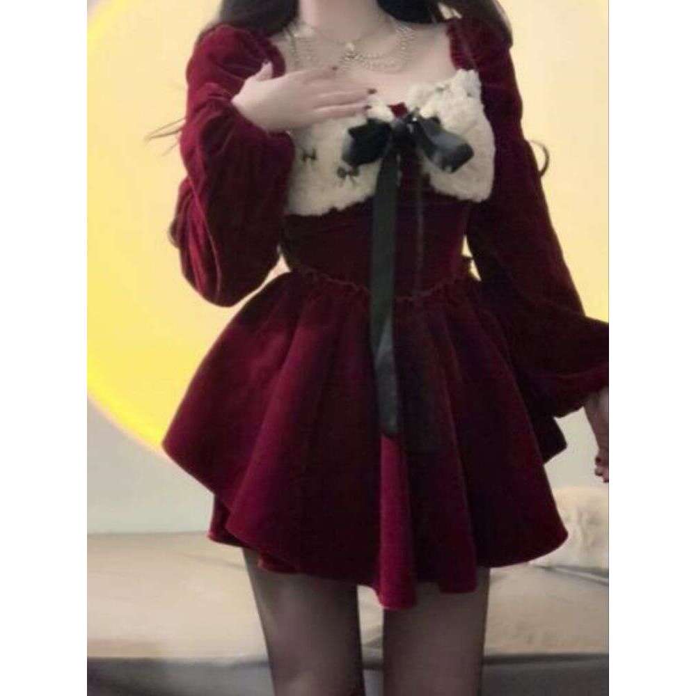 Fashion Vintage Fine Glitter Veet Dresses 2024 Autumn Winter New Dress For Women Y2k Slim Wasit Ruched Cake Vestidos Mujer