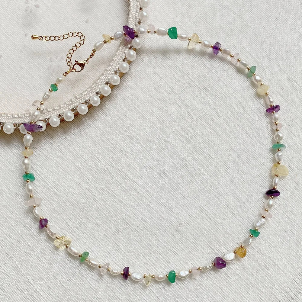 Irregular chip natural crystal necklace amethyst lemon small Baroque pearl charm truly natural freshwater pearl necklace 241018