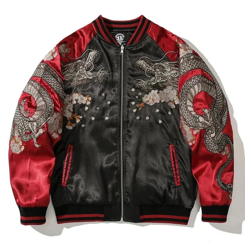 Embroidered Dragon Hip Hop Jacket Contrast Color High Street Baseball Coat Harajuku Trendy Outerwear Casual Loose For Men 241018
