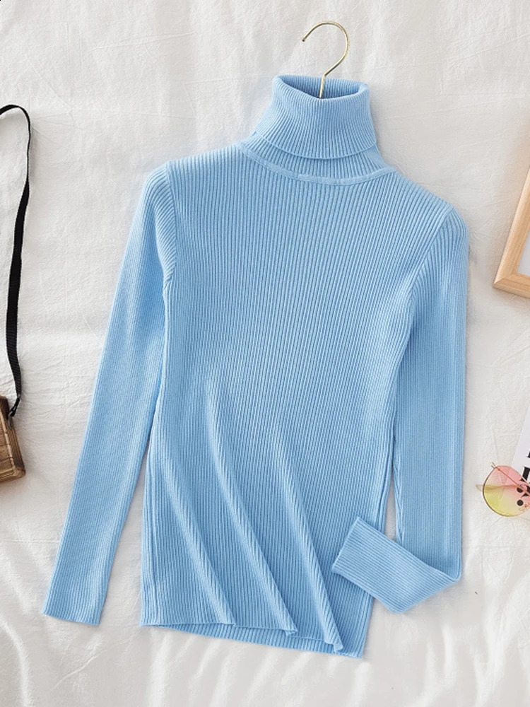Korean Fashion Turtleneck Women Autumn Winter Pullover Sweater Basic Solid Casual Slim Stretch Ribbed Knitted Top Woman Sweaters 241009