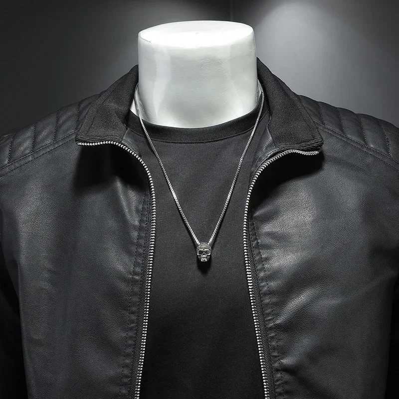Mens standing collar bicycle jacket high-quality casual and fashionable leather jacket Trench leather synthetic bicycle jacket Y241018