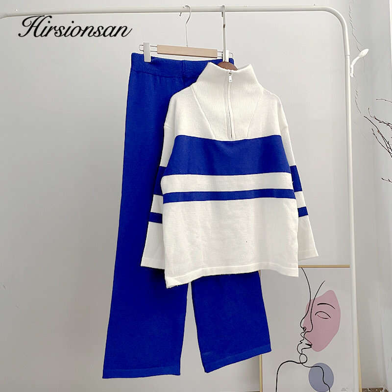 Hirsionsan 2023 Elegant Knitted Sweaters Suit Women Winter Loose Zip Collar Two Piece Sets Ladies Wide Pants Knitwear Tracuits