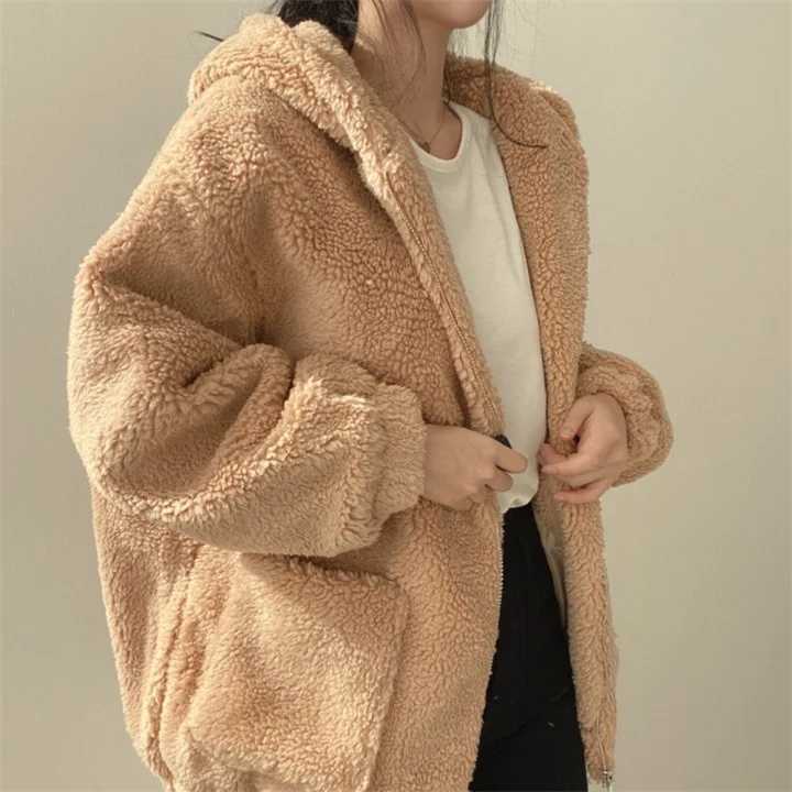 Loose Zipper Hooded Jacket 2024 Women Thicken Korean Version Plush Thickened Lamb Wool Cotton Middle Length Coat WinterX241018