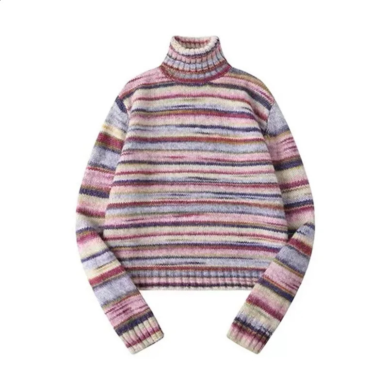 Karrram Japanese Y2k Turtleneck Sweater Vintage Rainbow Striped Pullover Korean Fashion Knitted Jumper Harajuku Grunge Knitwear 241010