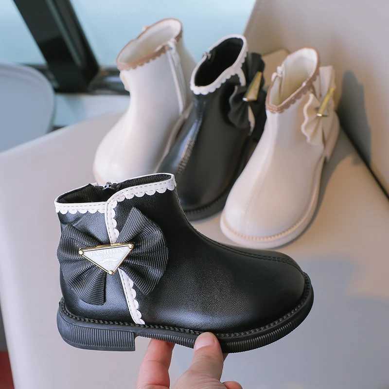 Boots Girls Fashion Princess Boots with Bow-knot Lace Solid Color Sewing Cute Children Short Leather Boots 2024 Spring Autumn New H241018