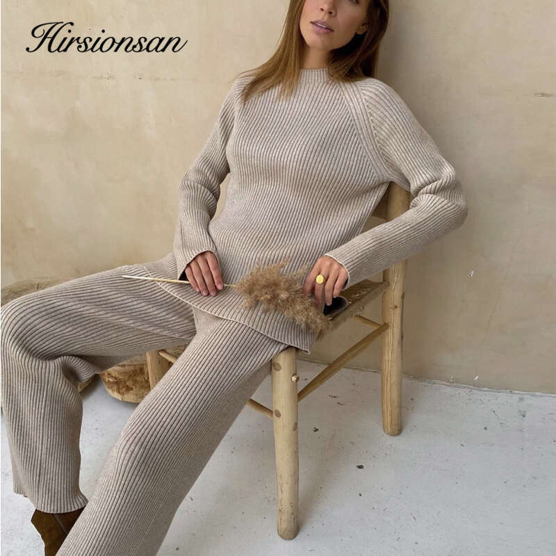 Hirsionsan Elegant Soft Knitted Sets Women Autumn Winter Warm Casual Two Pieces Sweater And Pants Outfits Solid Tracuit Lady