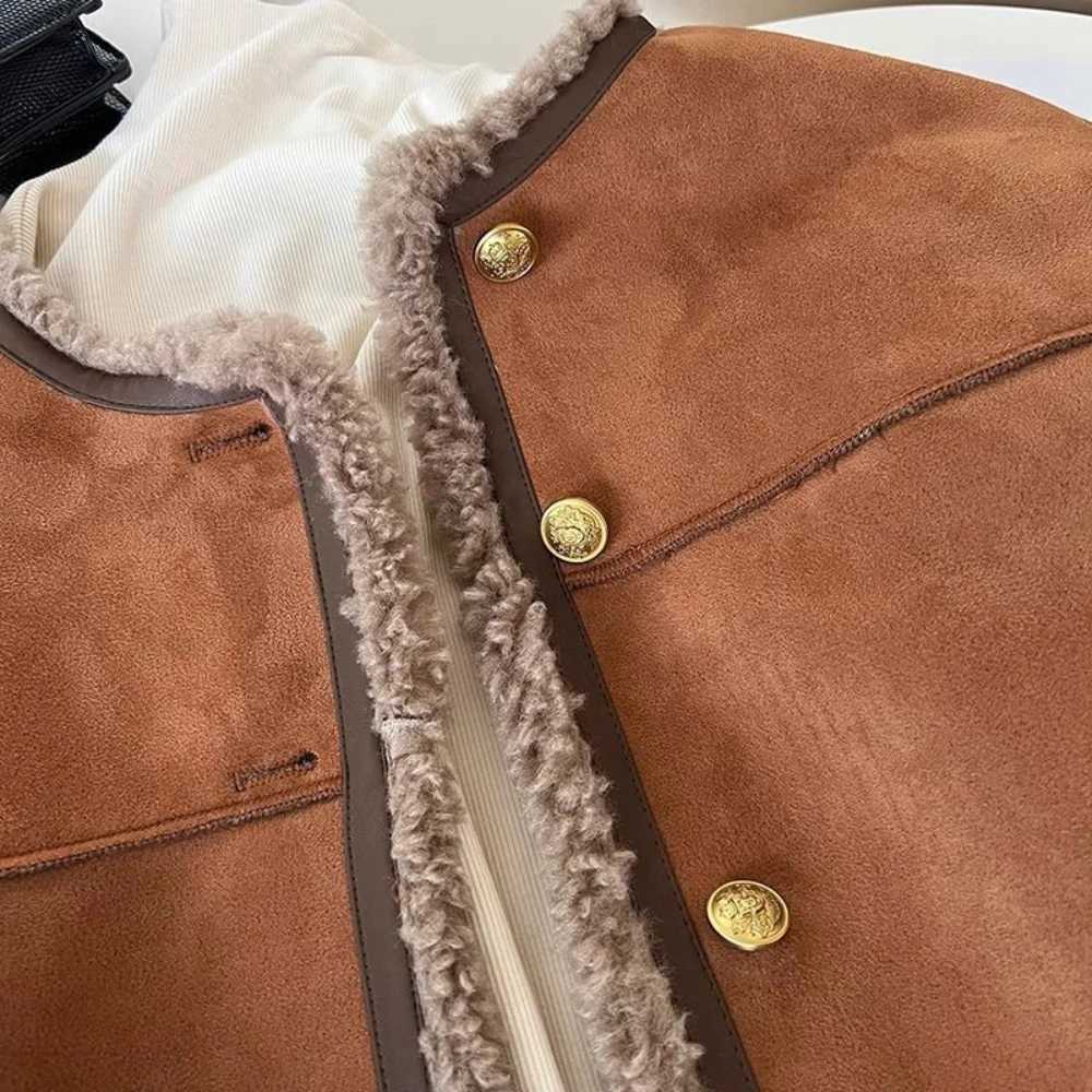 Women Thick Casual Jacket Autumn Winter Lambswool Patchwork Single Breasted Outerwears Vintage Temperament Office Lady CoatsX241018