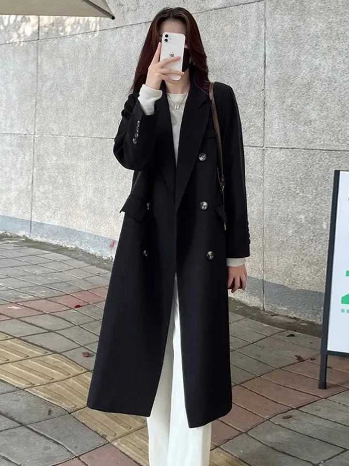 Office Thicken Ladies Woolen Trench Chaquetas Fall Winter Wool Blend Windbreak Coats Formal Lapel Classic Solid Long Jacket NewX241009