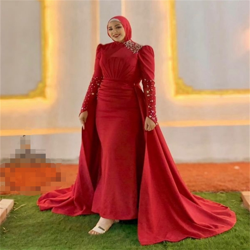 Gorgeous Red Saudi Arabic Evening Dresses With Overskirt Train Plus Size Long Sleeve Abaya Moroccan Muslim Prom Dress Formal Reception Engagement Birt