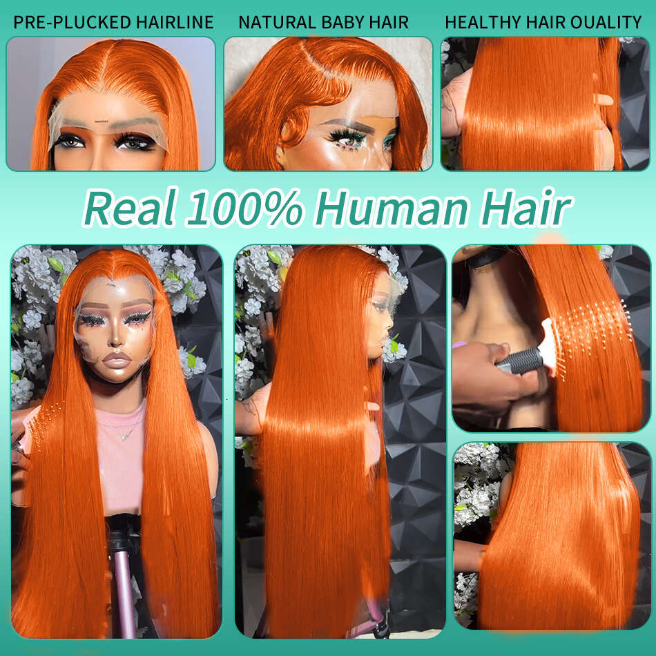 220% 30 38 Inch Ginger Orange Bone Straight 13x6 Front Human Hair Wig 13x4 HD Transparent Lace Frontal Wigs