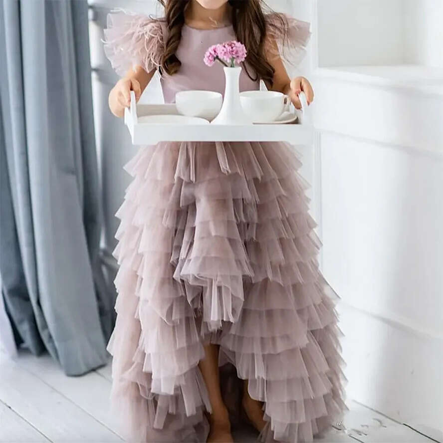 Appliques Wer Girls Dresses Spaghetti Straps Ball Gown Ruffles Tulle Wedding Bow Sash A E Sequins Long Toddler Teens Pageant Party Gowns 0707 s