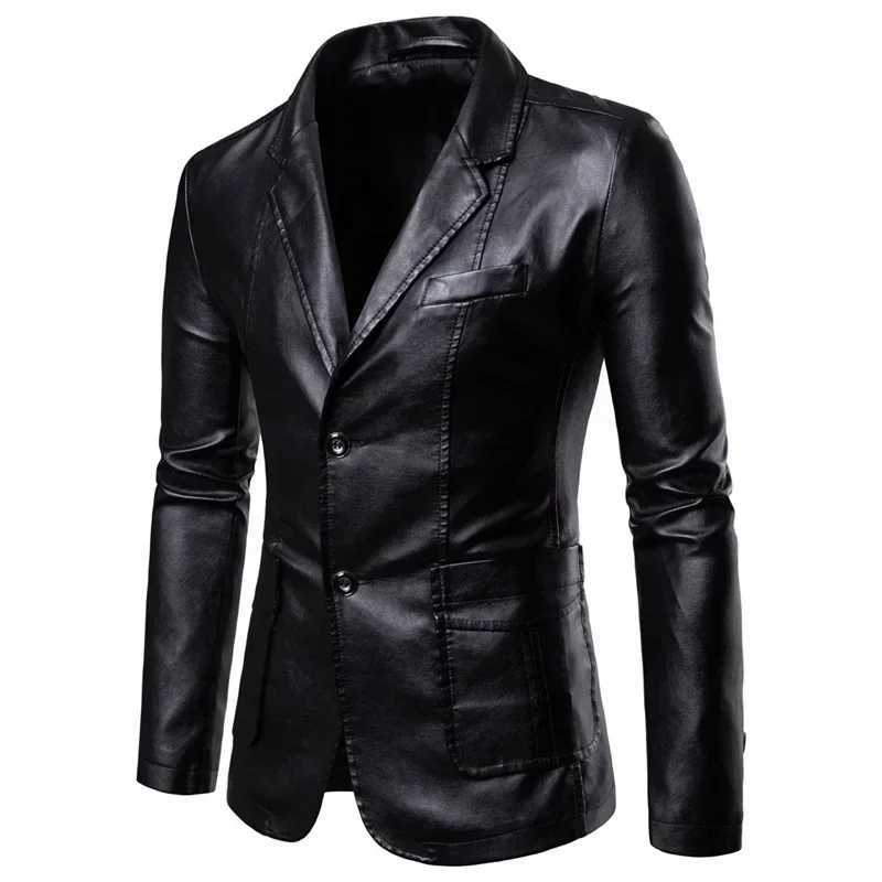 Spring and autumn new mens fashion lapel leather dress jacket ultra-thin suitable for windproof jacket mens business casual Pu jacket Y241018