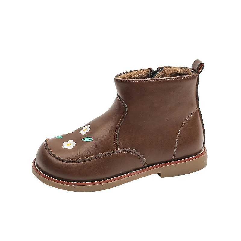Boots 2024 Autumn/Winter New Childrens Leather Boots Womens Fashion Korean Style Swt Flower Fashion Edition Plush Zipper Shoes H241018