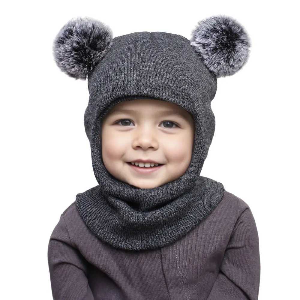 New Cute Balaclava Hats Children Double Balls One-piece Hat Scarf Boys Girls Autumn Winter Pompom Ball Wool Cap LX241018