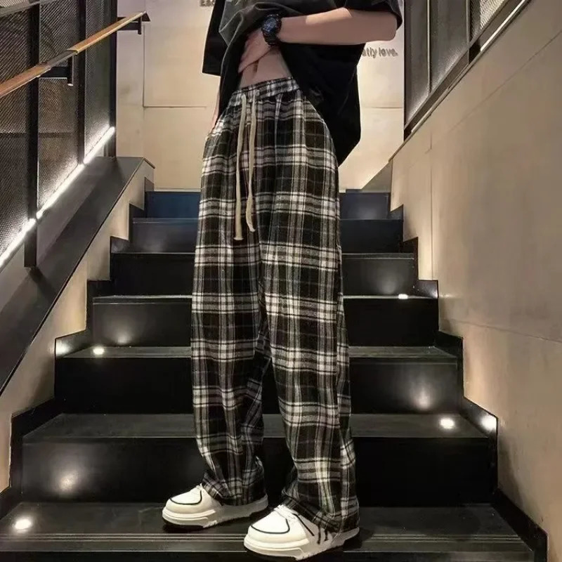 Straight Plaid Mens Casual Pants Long Check Male Trousers Korean Style Clothes Low Price Stylish Y2k Fashion Streetwear 241018