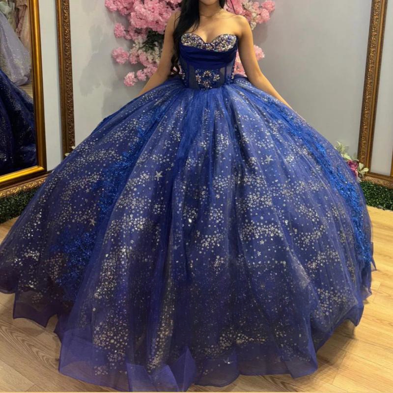 Royal Blue Sparkly Sweetheart Quinceanera Dresses for Girls Tulle Pearls Beads Tull Corset Party Birthday Sweet 16 Dress Vestido De 15 Anos
